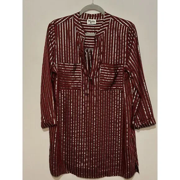 Show Me Your Mumu Maribelle Burgundy Red Gold‎ Stripe Shirt Dress SZ M $170 - Picture 2 of 8